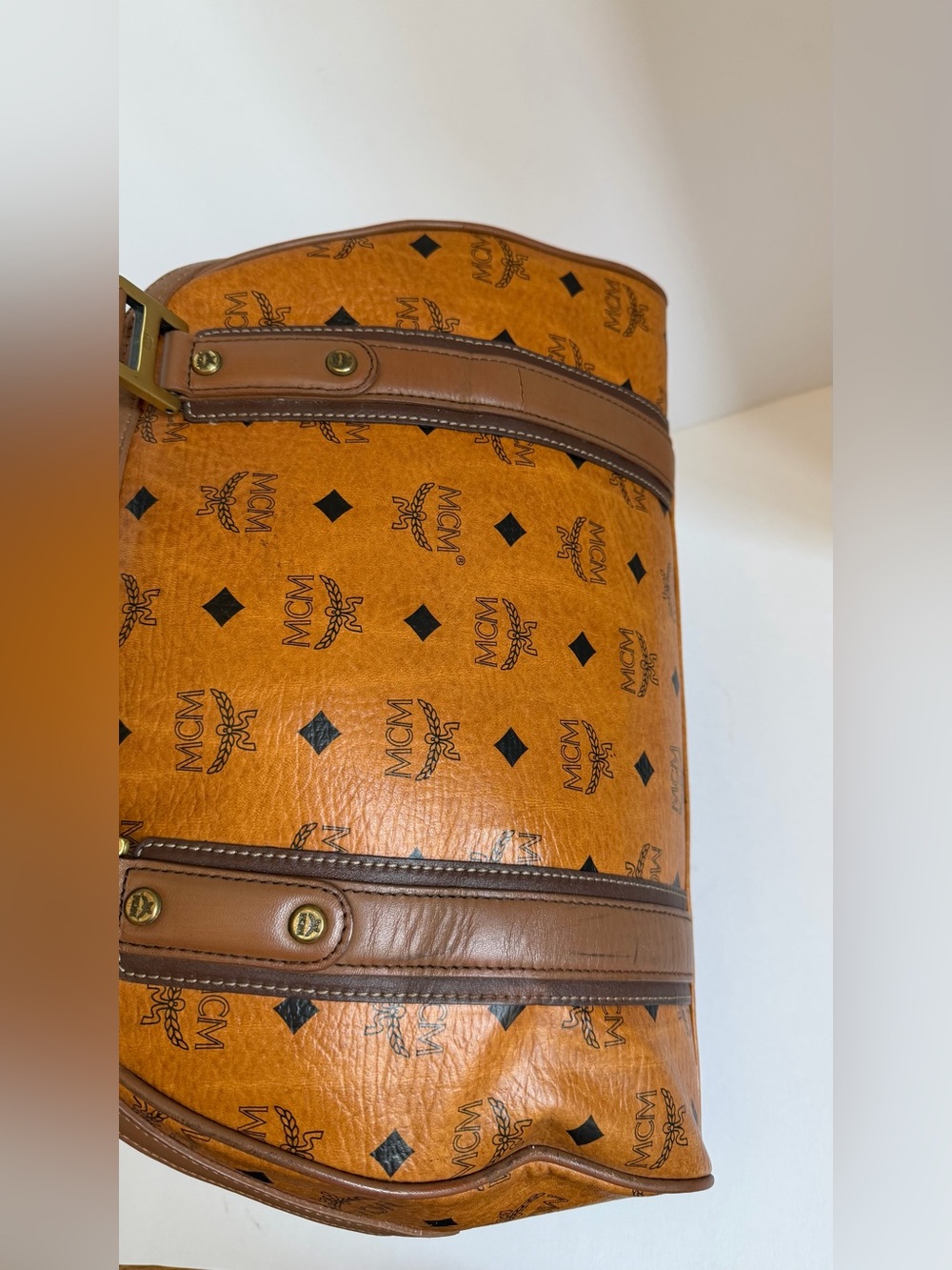 MCM Cognac Monogram Boston Satchel with Brown Trim - Picture 5 of 13